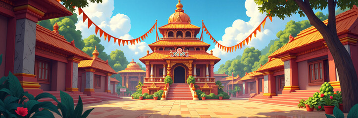 Obraz premium Colorful temple courtyard with vibrant architectural details and lush greenery in sunny atmosphere. Temple features traditional design and ornate decorations surrounded by nature.