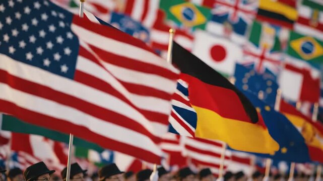 This features a stunning display of national flags from around the world, with the American flag taking center stage. The flags wave gently in the breeze, creating a sense of movement and energy.