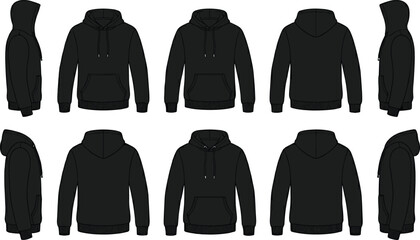 Black hoodie mockup set, hooded sweatshirt template vector, front back and side views, apparel design blank, casual streetwear clothing silhouette. © Its Razoan 