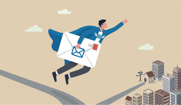 Email to the of we this communication, marketing campaign from subscription, sending message or information concept, businessman superhero carrying big email envelope flying to recipient address