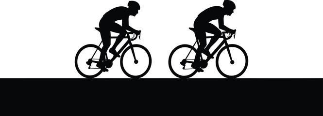Obraz premium Silhouette vector of two cyclists riding bicycles in profile view