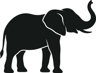 Fototapeta premium Black silhouette of an African elephant with raised trunk standing isolated on white background for wildlife safari and nature concept