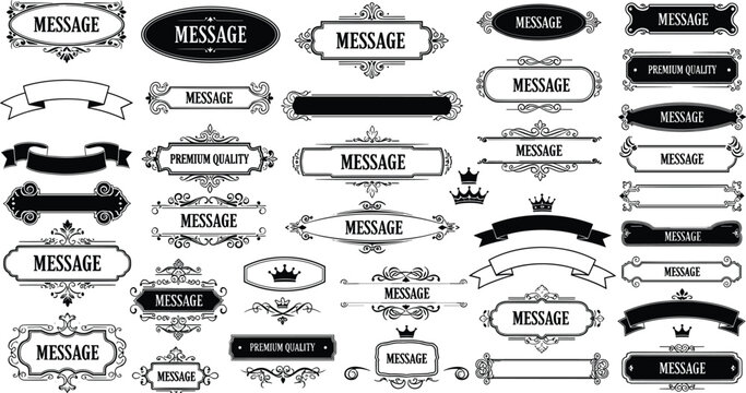 Collection of vintage ornamental frames and decorative ribbon banners with elegant flourishes and classic border designs for premium quality product labeling and invitations.