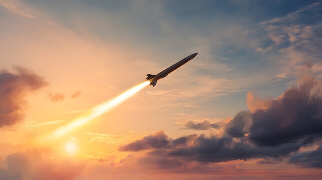 Dramatic cruise missile illustration soaring through a vibrant sunset sky with fiery exhaust flame