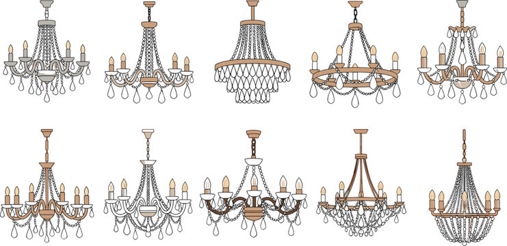 Set of elegant luxury chandelier icons featuring crystal glass pendant lamps and ornate baroque lighting fixtures for interior design architectural visualization and wedding decoration vectors