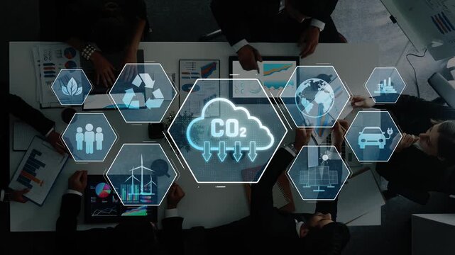 Modern Business Meeting Focused on Climate Change Impact and CO2 Emission Reduction Strategies with Digital Graphics and Data Analysis. Raster.