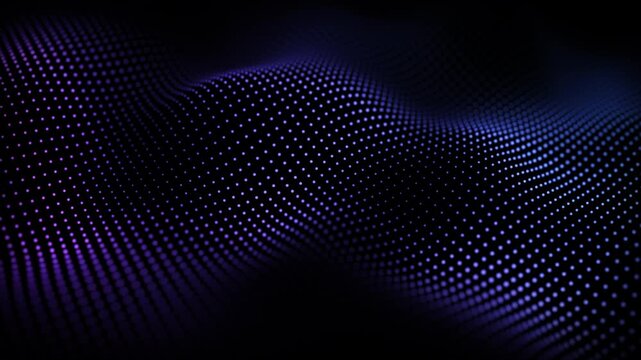 Glowing particle wave deep dark background. Purple violet luminous dots form flowing surface. Blue indigo digital mesh oscillates softly. Abstract cyber. Shimmering light . Seamless loop 4K UHD.