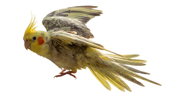 Yellow and grey cockatiel parrot in dynamic flight pose with wings spread wide, isolated on transparent background.