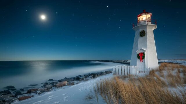 冬の岬の灯台に飾られたリース風景夜