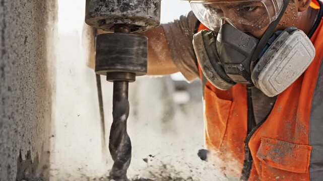 Construction worker using a jackhammer to break concrete on a sunny day.
