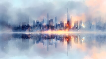 Naklejka premium Futuristic city skyline reflected serene lake ethereal watercolor illustration modern design concept