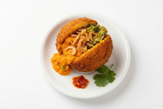 Isolated flat lay of traditional Brazilian Acaraj&eacute;, deep-fried stuffed bun with vatap&aacute;, caruru and dried shrimp on a white plate