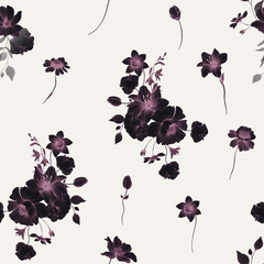 Elegant Seamless Dark Plum Floral Pattern with Botanical Watercolor Flowers on Neutral Background © Karma