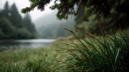 Naklejka premium Serene misty landscape with wet grass and pine foreground beside a tranquil lake