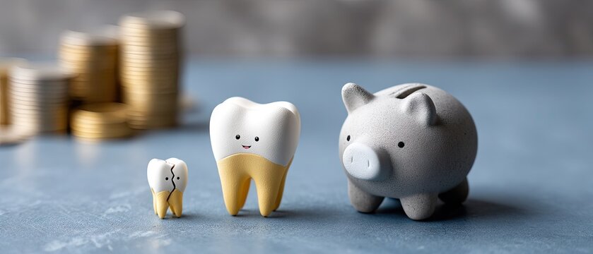 Dental model of teeth with piggy bank and money illustrating dental finance concept on blue background