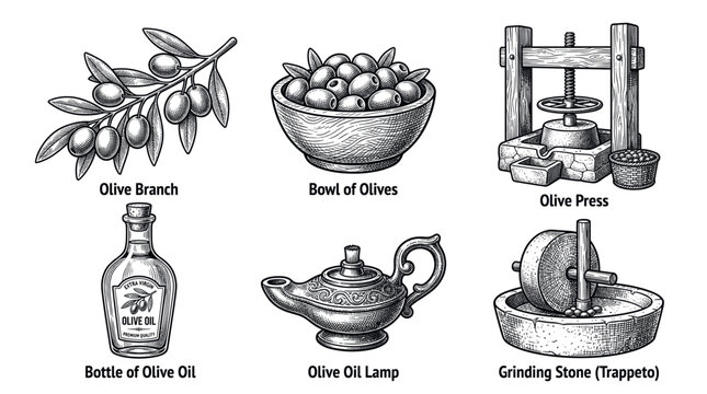 Collection of vintage olive illustrations. Includes branch, oil, press, and grinding stone. Perfect for organic food packaging, menus, and rustic farm branding.