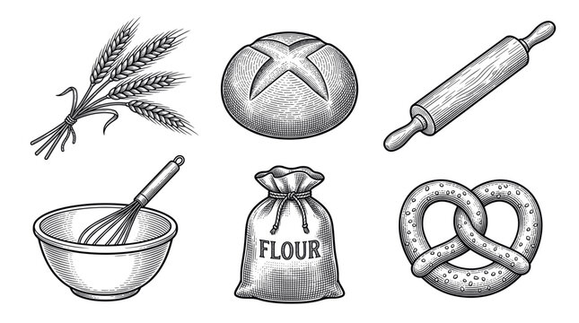 A set of vintage baking icons in a hand-drawn engraving style. Includes wheat, bread, flour, and pretzel. Perfect for bakery logos, menus, and packaging design.