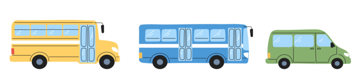 Public transport set for kids. Flat vector collection featuring school bus, city bus and minibus for children and urban traffic.