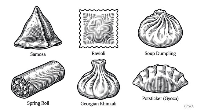A vintage set of international food illustrations. This collection features dumplings from various cuisines in a retro engraving style, perfect for menus and culinary branding.