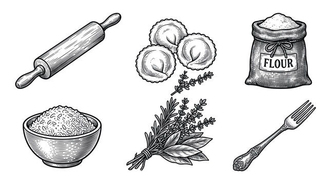 Set of vintage cooking ingredients and utensils. Hand-drawn engraving style icons for restaurant menus, packaging, or culinary branding. Includes flour, ravioli, herbs, rice.