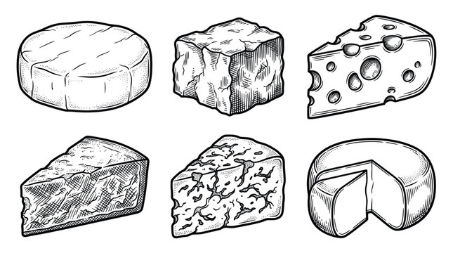 A set of various cheese types in a vintage, hand-drawn engraved style. Perfect for menus, food packaging, or restaurant branding. Includes brie, cheddar, swiss, and blue cheese.