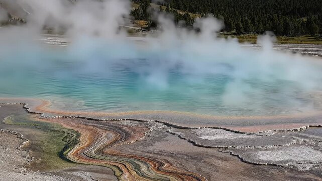 Steaming Geothermal Hot Spring With Colorful Mineral Deposits and Turquoise Water