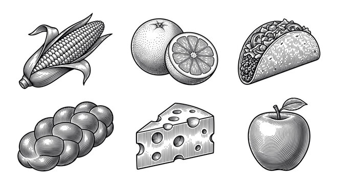 A set of retro food illustrations in a detailed, black and white engraving style. Includes corn, orange, taco, bread, cheese, apple. Perfect for menus, packaging, or branding.