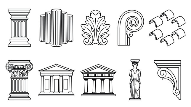 Set of ancient greek architecture elements. Vector line art icons of columns, temples, and ornaments for design, education, or historical projects. Classic and elegant style.
