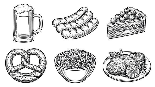 A set of hand-drawn German food icons in a vintage engraving style. Includes beer, sausage, pretzel, and schnitzel. Perfect for Oktoberfest menus or restaurant design.