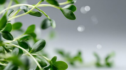 Obraz premium Close-up of fresh green sprouts glistening with droplets against a soft gray background.