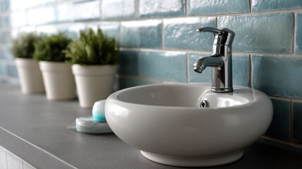 modern bathroom decor, ocean blue tiled backsplash and matching white planters frame a bathroom sink, with toothpaste on the countertop in the foreground