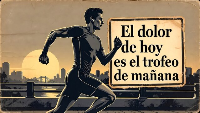 Corredor motivacional entrenando al amanecer &ndash; &ldquo;El dolor de hoy es el trofeo de ma&ntilde;ana&rdquo; concepto fitness