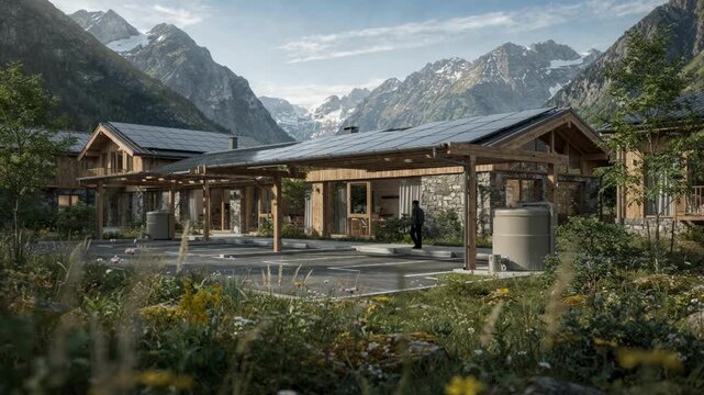 Medium shot of a sustainable lodge complex framed by towering mountain valley peaks with solar panels on canopies and rainwater tanks visible in crisp focus against blurred