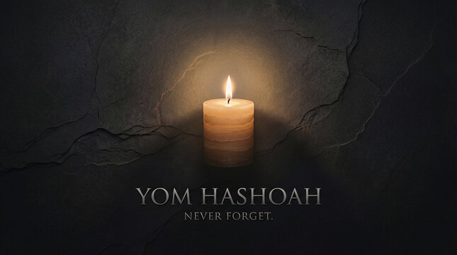 Yom Hashoah memorial candle lit in dark room with solemn text never forget holocaust remembrance