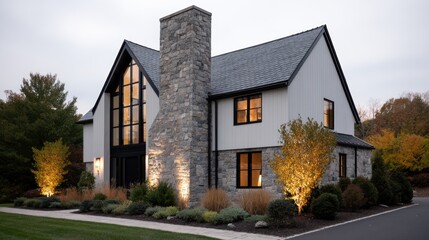 contemporary farmhouse design, twilight view of white modern farmhouse, with stone chimney, large black windows, and landscape lighting