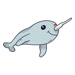 Cute narwhal flipper tusk tail flat © Vexels