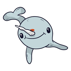 Cute narwhal flipper tusk tail smile flat © Vexels