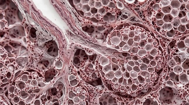 Macro view of human bronchioles transitioning into lung alveoli tissue