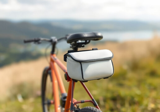 Blank white leather saddle bag under bicycle seat, ai generated. Delivery storage case on bike mockup, nature background. Empty leather carrying purse for summer traveling template.