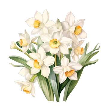 Watercolor white narcissus flower bouquet isolated on white background