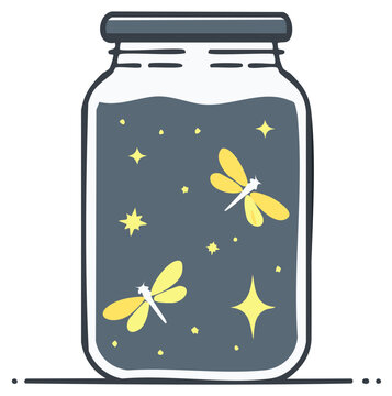 Whimsical mason jar glows with fireflies and stars, conjuring a magical summer evening