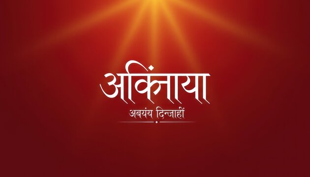 Red abstract background with golden light rays and white Devanagari text in center