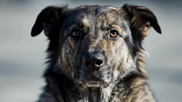 Close-Up Portrait of a Brindle Mixed Breed Dog Looking Directly at the Camera