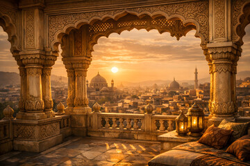 Fototapeta premium Ancient Palace Balcony Overlooking Golden City Sunset