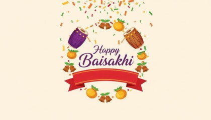 Fototapeta premium Happy Baisakhi greeting card with colorful dhol, wheat ears, festive bunting and ribbon banner