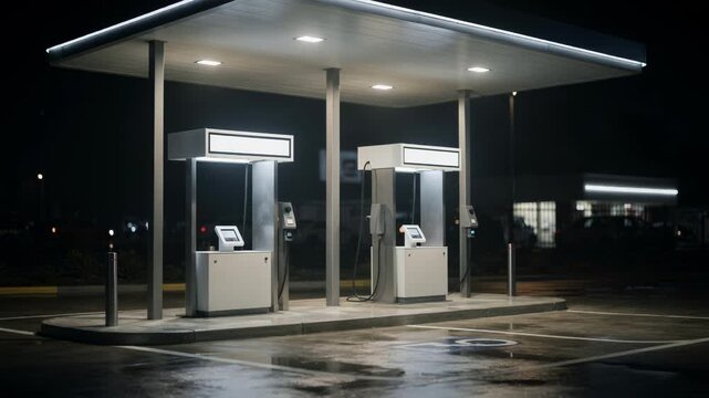 Double lane drivethru canopy medium shot focusing on illuminated menu pods and speaker setup under sheltered roof while the rest of the drivethru fades out softly.
