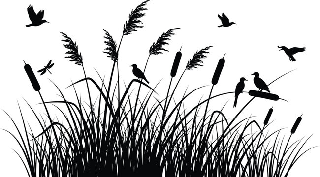 Black silhouette vector illustration of cattails, reeds, and birds flying and perched in a wetland environment