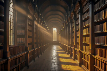 Fototapeta premium Ancient library corridor with tall wooden bookshelves and soft sunlight creating a quiet scholarly and timeless atmosphere.