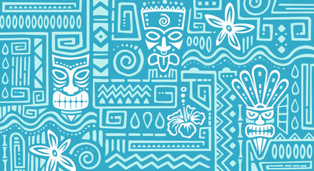Hawaiian Or Caribbean Pattern With Flowers And Masks © Black White Mouse