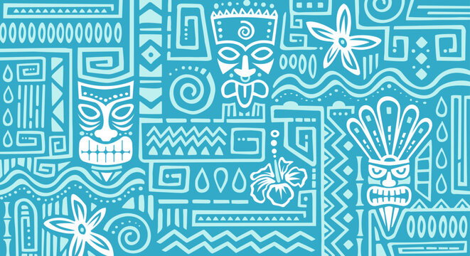 Hawaiian Or Caribbean Pattern With Flowers And Masks